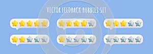 Vector 3d feedback bubbles set. Star rating system from worst to best level. Customer review gold and silver stars from
