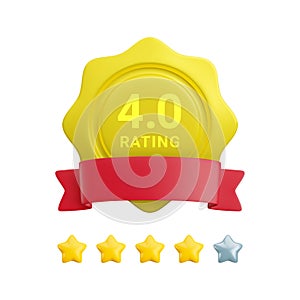 Vector 3d feedback rating concept. Cartoon 3d wavy badge icon with four star rating, red ribbon and 4 gold stars out of