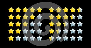 Vector 3d five star product rating icon set on black background. Realistic cartoon 3d render feedback, customer review