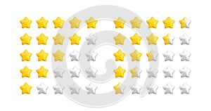 Vector 3d five star product rating icon set. Realistic cartoon 3d render feedback, customer review concept. Cute glossy