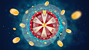 Vector 3d fortune wheel with golden flying coins on blue abstract background. Spin casino roulette and win prizes