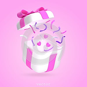 Vector 3d Gift Box With Hearts and confetti. Open Present Box With Pink Ribbon and Bow. For Surprise, Birthday Party