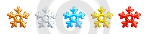 Vector 3d gold glitter snowflake icons set on white background. Cute realistic shiny gold, silver, blue, red and bronze