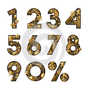 Vector 3d gold numbers. Paper cut arabic numerals. Design for winter sale banner, poster, labels, anniversary cards.