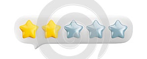 Vector 3d gold two star out of five in white speech bubble. Realistic render of customer review, low rating, negative