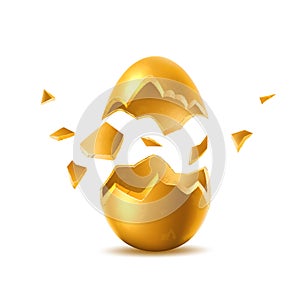 Vector 3d golden egg with broken eggshell