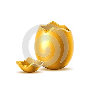 Vector 3d golden egg with broken eggshell