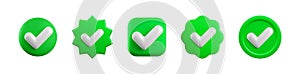 Vector 3d Green Check mark realistic icons set. Trendy plastic round, square, starburst and wavy verified badge with