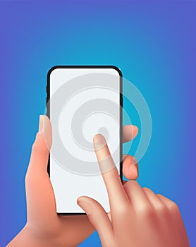 Vector 3D hand holding smartphone with white blank screen isolated and touching phone mockup template on background