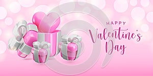 Vector 3d Happy Valentines Day banner template. Cute cartoon love gift box concept. Realistic 3d render pink open