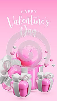 Vector 3d Happy Valentines Day vertical banner template. Cute cartoon love gift box concept. Realistic 3d render pink