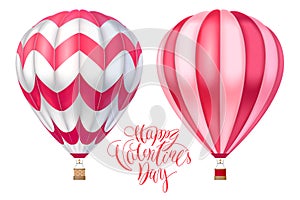 Vector 3d hot air pink red ballons with stripes. Cartoon illustration with lettering for happy Valentine day. Realistic model isol