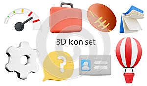 vector 3d icon set. speed,suitcase,ball,notebook,gear,question bubble, id card,hot balloon. 3d icon set on white