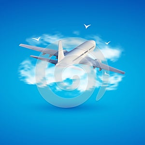 Vector 3d illustration of airplane in the clouds. Travel concept. Booking service or travel agency sign. Air