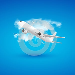 Vector 3d illustration of airplane in the clouds. Travel concept. Booking service or travel agency sign. Air