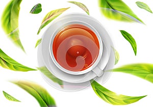 Vector 3d illustration with green tea leaves in motion