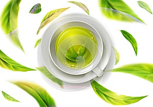 Vector 3d illustration with green tea leaves in motion on a whit