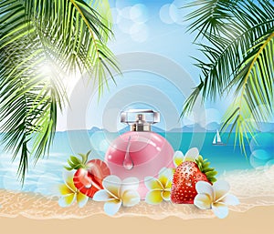 Vector 3D illustration poster with beautiful pink women`s perfume, tropical flowers and fruit, against the background of palm