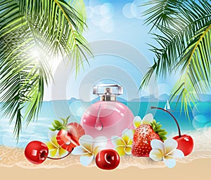 Vector 3D illustration poster with beautiful pink women`s perfume, tropical flowers and fruit, against the background of palm