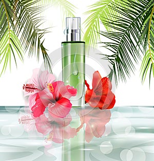 Vector 3D illustration poster with moisturizing cosmetic premium products, against the background of palm leaves and water. Beauty