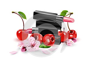 Vector 3D illustration poster with with pink lipstick, red ripe cherries and cherry blossoms on white background. Beauty and