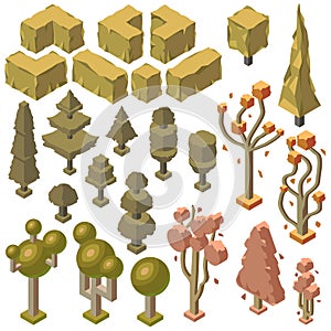 Vector 3d isometric autumn plants, trees, bushes