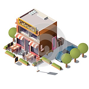 Vector 3d isometric cafeteria, restaurant with veranda