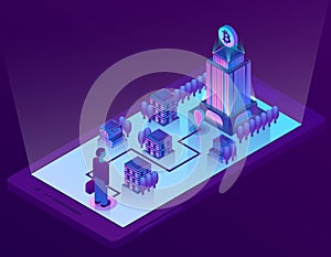 Vector 3d isometric concept with bitcoin mining