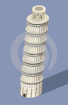 Vector 3d isometric icon of Pisa Tower with flat style colored background and shadow