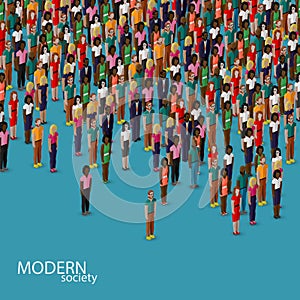 Vector 3d isometric illustration of society with a crowd of men and women. population. urban lifestyle concept