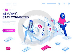 Vector 3d isometric landing page concept. Virtual relationships, online dating and social networking illustration