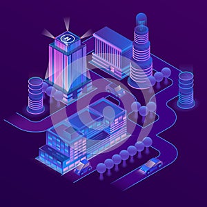 Vector 3d isometric megapolis in ultraviolet colors