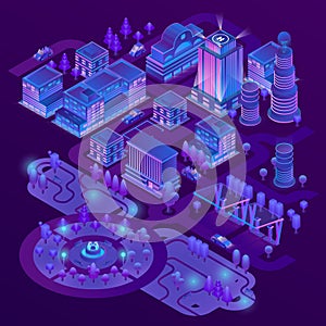 Vector 3d isometric megapolis in ultraviolet colors