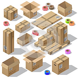 Vector 3d isometric set of cardboard packaging