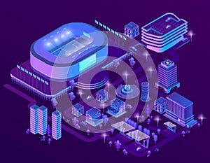 Vector 3d isometric ultraviolet megapolis with stadium