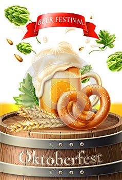 Vector 3d lager beer glass pretzel and sausage