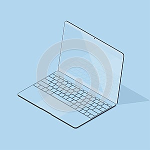 Vector 3d laptop on a blue background. Notebook with mirrored screen keyboard. Isometric illustration