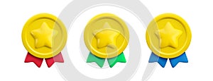 Vector 3d medals with star and ribbons realistic icons set. Trendy gold round wavy award with red, green, blue ribbon