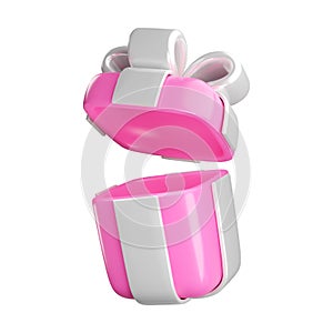 Vector 3d open empty gift box. Cute realistic holiday pink present with silver ribbon and bow. Minimal 3d render flying