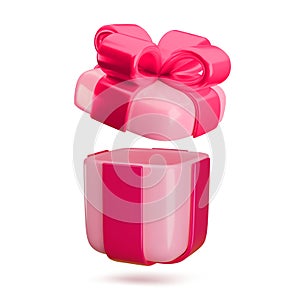 Vector 3d open gift box. Cute realistic empty pastel pink present with red ribbon and bow. Minimal 3d render flying open