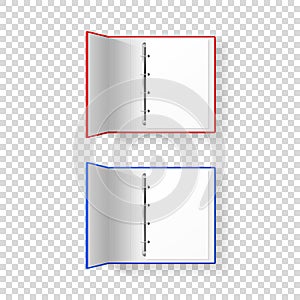 Vector 3d Opened Realistic Red and Blue Office Binder Set with Metal Rings and A4 Paper Sheet Closeup Isolated on