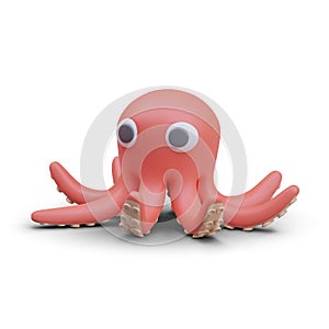 Vector 3D pink octopus in cartoon style. Cute sea creature with tentacles and big eyes