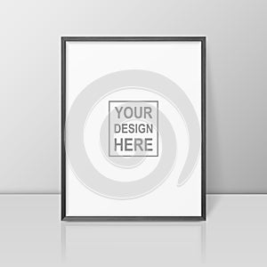 Vector 3d Realistic A4 Black Wooden Simple Modern Frame on a Glossy White Shelf or Table with Reflection Against a White