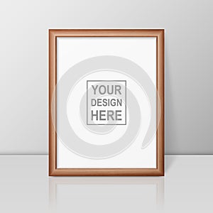 Vector 3d Realistic A4 Brown Wooden Simple Modern Frame on a Glossy White Shelf or Table with Reflection Against a White
