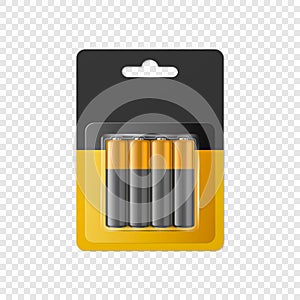 Vector 3d Realistic Alkaline AA Batteries in Blister, Packaging. Black and Yellow Paper Accumulator Pack Isolated