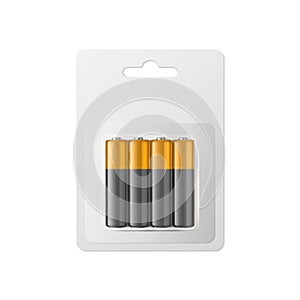 Vector 3d Realistic Alkaline AA Batteries in Blister, Packaging. White Paper Accumulator Pack Isolated. Design template