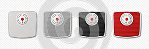 Vector 3d Realistic Bathroom Scales. Bathroom Body Weight Scales Icon Set Closeup Isolated in Front, Top View. Classic