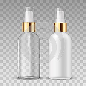 Vector 3D Realistic beauty care cosmetic product. Plastic white and tranparent container of spray bottle for lotion