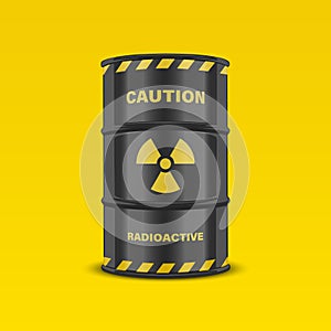 Vector 3d Realistic Black Barrel on Yellow Background, Hazard Liquid. Caution, Radioactive, Hazardous Chemical Materials
