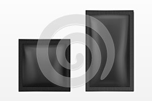 Vector 3d Realistic Black Blank Packaging Icon Set Closeup Isolated. Coffee, Tea, Salt, Sugar, Spices, Wet Wipes Wrapper